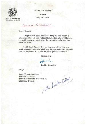 [Letter from Zollie Steakley to Truett Latimer, May 20, 1958]