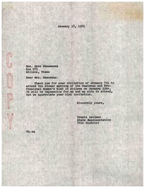 [Letter from Truett Latimer to Mrs. Kate Causseaux, January 18, 1961]