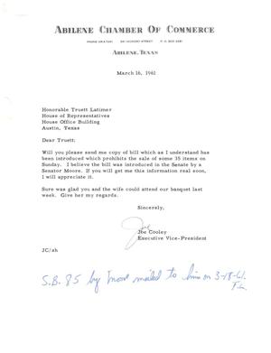 [Letter from Joe Cooley to Truett Latimer, March 16, 1961]