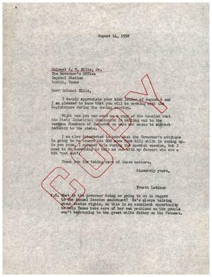 [Letter from Truett Latimer to J. T. Ellis, Jr., August 14, 1958]
