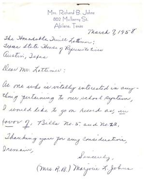 [Letter from Mrs. Richard B. Johns to Truett Latimer, March 7, 1958]