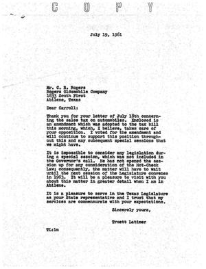 [Letter from Truett Latimer to C. R. Rogers, July 19, 1961]
