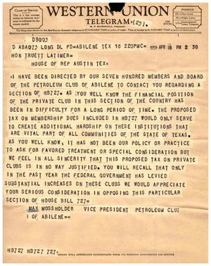 [Letter from Max Mossholder to Truett Latimer, April 18, 1959]