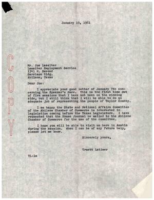 [Letter from Truett Latimer to Joe Lassiter, January 19, 1961]