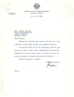 [Letter from Price Daniel to Truett Latimer, June 15, 1959]