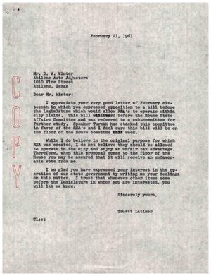 [Letter from Truett Latimer to D. A. Winter, February 21, 1961]