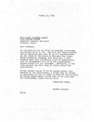 [Letter from Truett Latimer to Mrs. Janie Rushing Cooper, March 31, 1959]