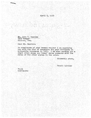 [Letter from Truett Latimer to John V. Bostick, April 9, 1959]