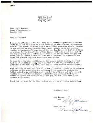 [Letter from Ruby Johnson and Lewis Johnson to Truett Latimer, July 21, 1959]