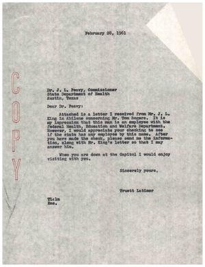[Letter from Truett Latimer to J. L. Peavy, February 28, 1961]