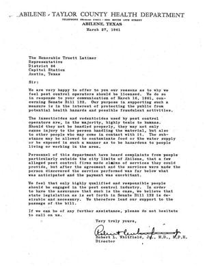 [Letter from Robert L. Whitfield, Jr. to Truett Latimer, March 27, 1961]