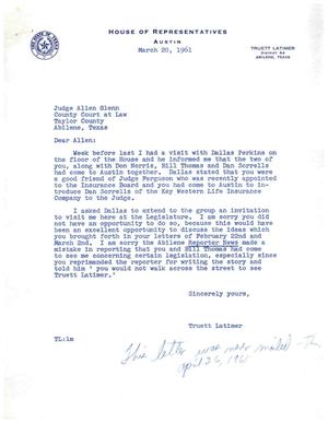[Letter from Truett Latimer to Allen Glenn, March 20, 1961]