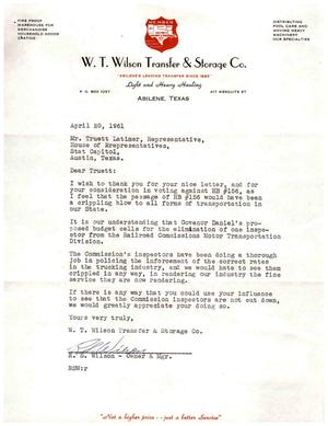 [Letter from R. S. Wilson to Truett Latimer, April 20, 1961]