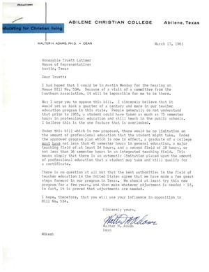 [Letter from Walter H. Adams to Truett Latimer, March 17, 1961]