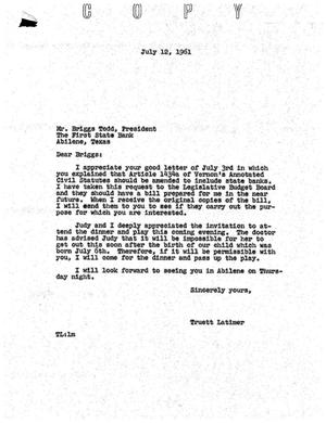 [Letter from Truett Latimer to Briggs Todd, July 12, 1961]