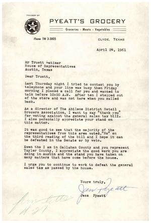 [Letter from Jess Pyeatt to Truett Latimer, April 24, 1961]
