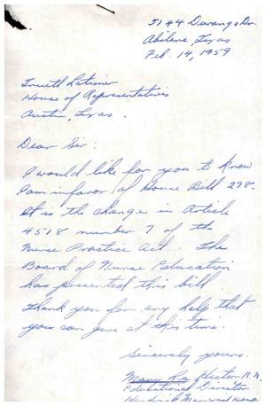 [Letter from Mary R. Hector to Truett Latimer, February 14, 1959]