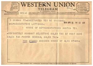 [Letter from Alva Starr to Truett Latimer, April 16, 1959]