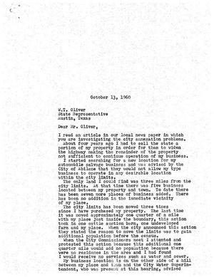[Letter from Raymond L. Jones to W. T. Oliver, October 13, 1960]