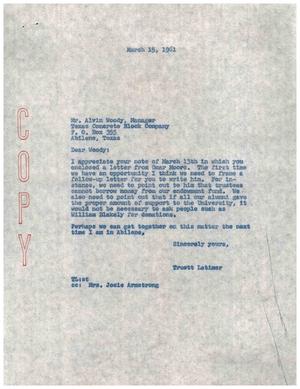 [Letter from Truett Latimer to Alvin Woody, March 15, 1961]