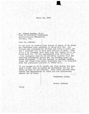 [Letter from Truett Latimer to Albert Lunday, March 18, 1959]