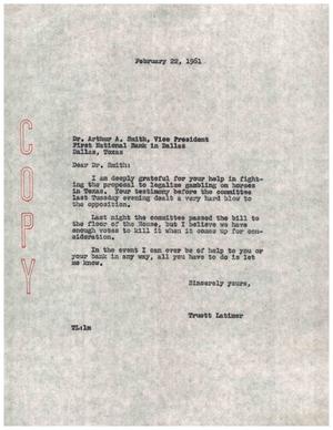 [Letter from Truett Latimer to Arthur A. Smith, February 22, 1961]