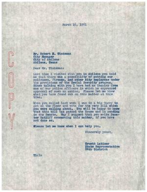 [Letter from Truett Latimer to Robert H. Tintsman, March 16, 1961]