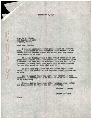 [Letter from Truett Latimer to Mrs. L. C. Holle, February 2, 1961]