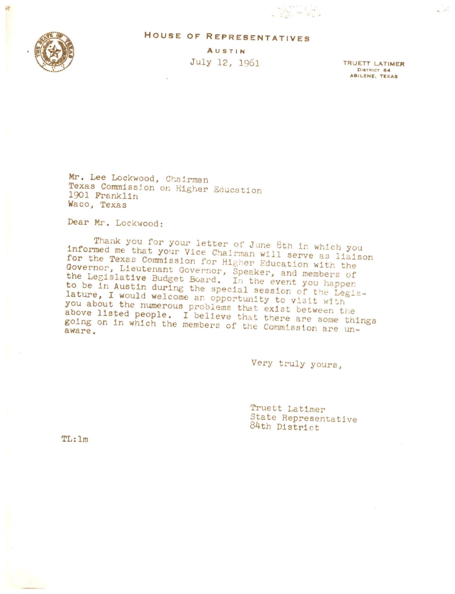[Letter from Truett Latimer to Lee Lockwood, July 12, 1961]
                                                
                                                    [Sequence #]: 1 of 1
                                                