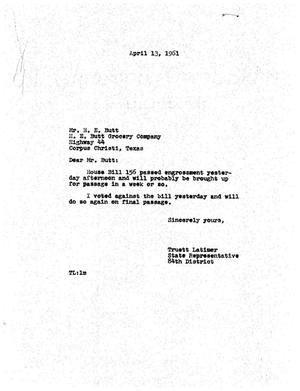 [Letter from Truett Latimer to H. E. Butt, April 13, 1961]