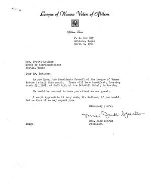 [Letter from Mrs. Jack Sparks to Truett Latimer, March 4, 1961]
