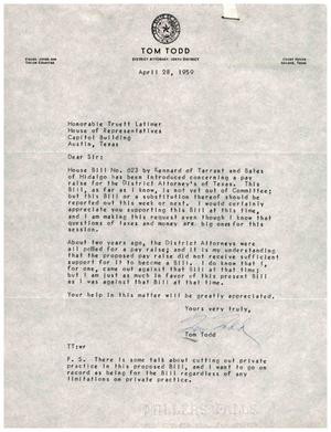 [Letter from Tom Todd to Truett Latimer, April 28, 1959]