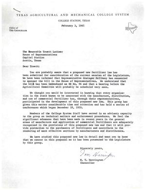[Letter from M. T. Harrington to Truett Latimer, February 3, 1961]