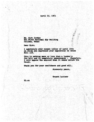 [Letter from Truett Latimer to Kirk Jordan, April 19, 1961]