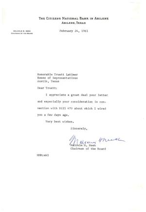 [Letter from Malcolm M. Meek to Truett Latimer, February 24, 1961]