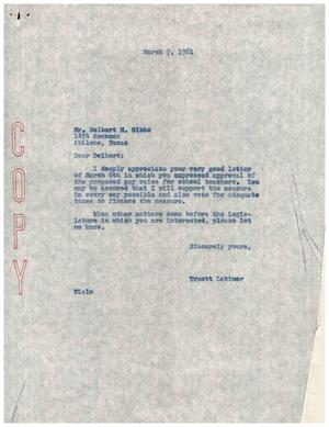 [Letter from Truett Latimer to Delbert M. Gibbs, March 9, 1961]