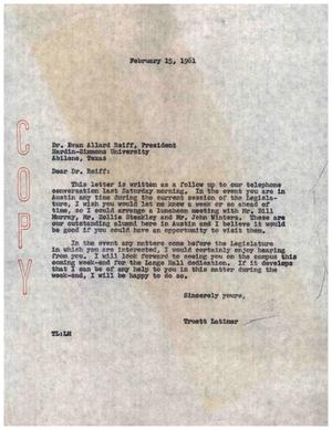 [Letter from Truett Latimer to Evan Allard Reiff, February 15, 1961]