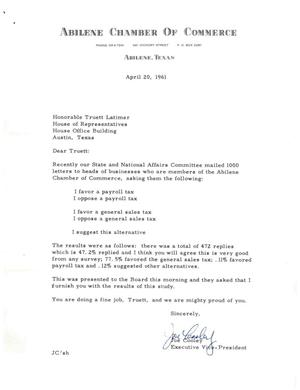 [Letter from Joe Cooley to Truett Latimer, April 20, 1961]