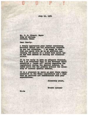 [Letter from Truett Latimer to C. R. Kinard, July 19, 1961]