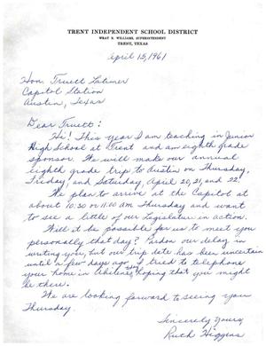 [Letter from Ruth Higgins to Truett Latimer, April 15, 1961]