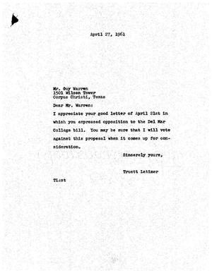 [Letter from Truett Latimer to Guy Warren, April 27, 1961]