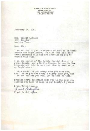 [Letter from Frank H. Codington to Truett Latimer, February 24, 1961]