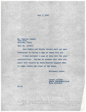 [Letter from Truett Latimer to Charles Atwell, May 3, 1961]
