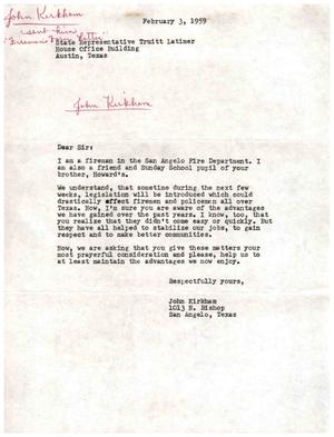 [Letter from John Kirkham to Truett Latimer, February 3, 1959]