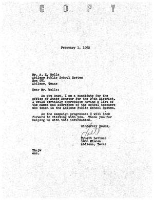 [Letter from Truett Latimer to A. E. Wells, February 1, 1962]