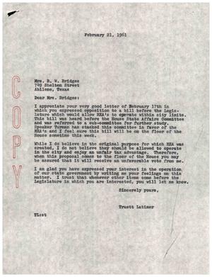 [Letter from Truett Latimer to Mrs. B. W. Bridges, February 21, 1961]