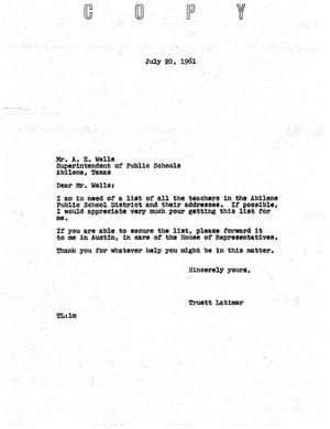 [Letter from Truett Latimer to A. E. Wells, July 20, 1961]