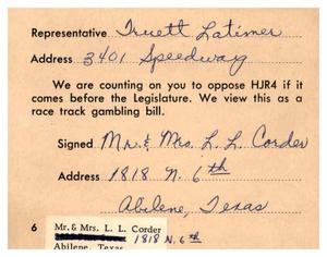 [Postcard from Mr. and Mrs. L. L. Corder to Truett Latimer, 1961]
