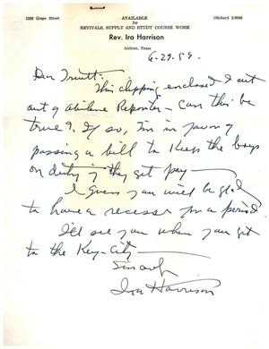 [Letter from Ira Harrison to Truett Latimer, June 29, 1959]