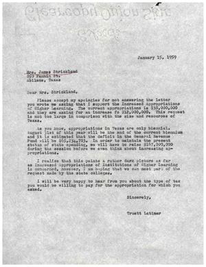 [Letter from Truett Latimer to Mrs. James Strickland, January 15, 1959]